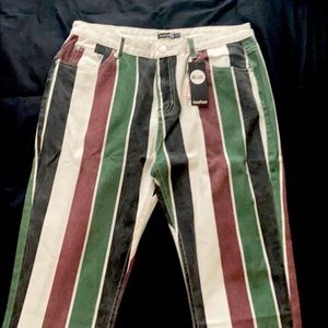 Striped denim straight leg jeans